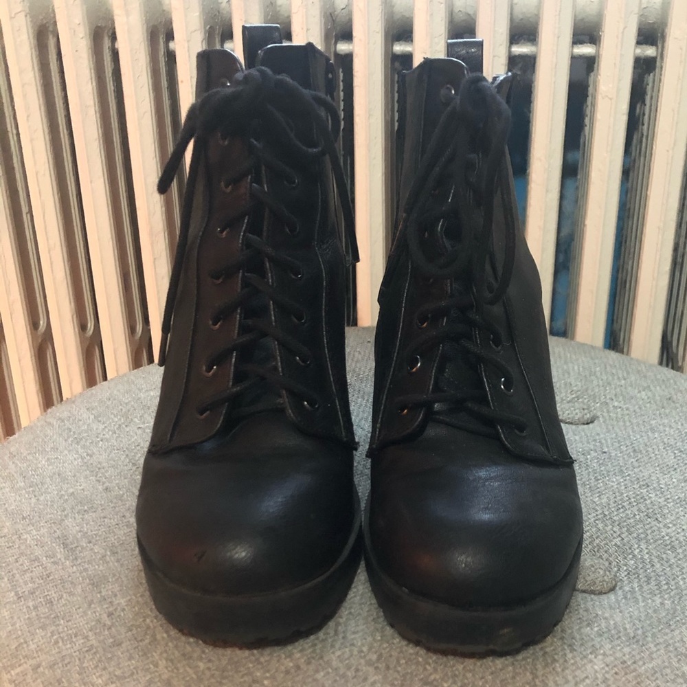 Black Faux Leather Lace Up Ankle Booties